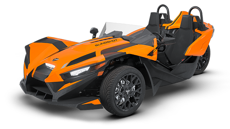 Orange Polaris Slingshot, front three-quarter view